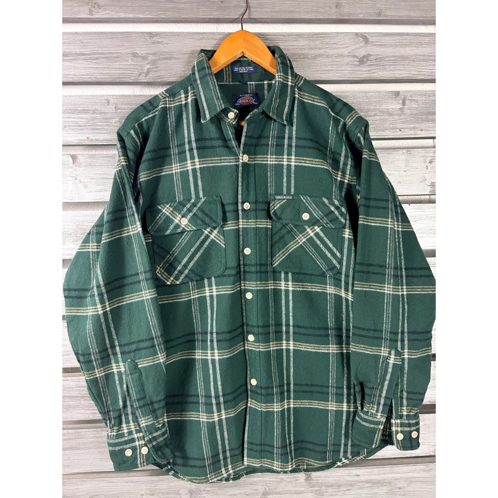 Vtg Dickies Mens Green Plaid Flannel Shirt Long Sleeve HEAVY Button Up L